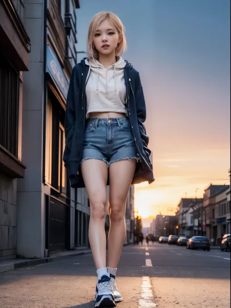 masterpiece: 1.4, (8K, Reality, RAW photograph, best quality: 1.4), bright lighting, beautiful detailed eyes, real skin:1.3, Beautiful skins, Attractive, high resolution, Ultra photo realism, Detailed: 1.6, ((hoodie:1.6, denim shorts:1.6, sport shoes:1.6))...