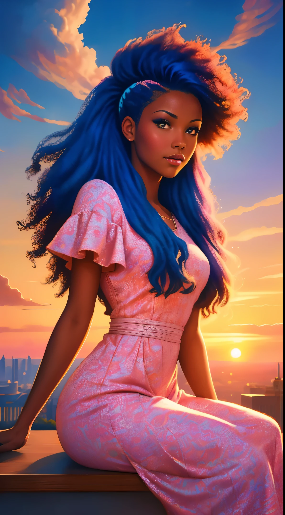 (mejor calidad:1.1),original,1 chica,elegante,Tendencias,afro,piel oscura,constituir,1970, pelo azul, ojos marrones Una ilustración de una mujer afroamericana con cabello natural, al estilo de Ross Tran, un vestido rosa con un lindo estampado de nubes y lindas botas rosas, una hermosa mujer con el pelo extremadamente largo recogido en una cola de caballo con flequillo, sentada en una suave silla de nube rosa mirando una lejana ciudad mágica muy por debajo de ella, al atardecer --ar 2:3 - en 6.0 rosa y naranja, Jessica Drossin, impresiones de bloques en negrita, michael malm, audaz pero elegante, negrita tradicional