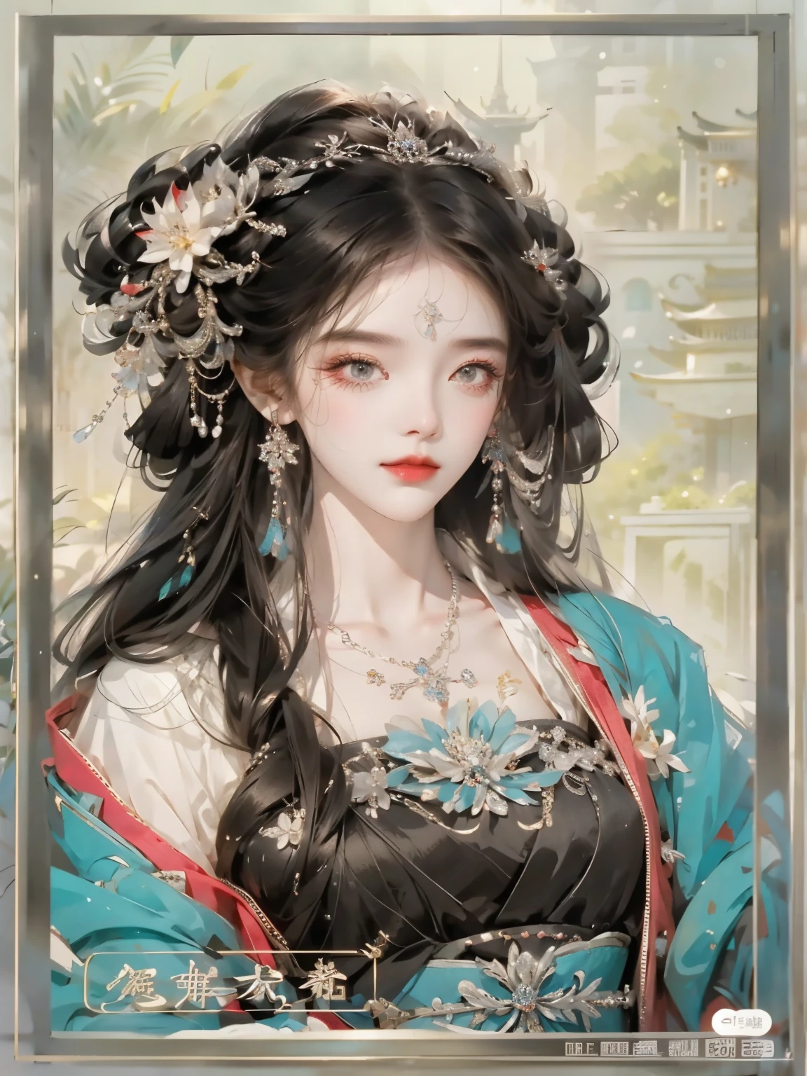 un gros plan d&#39;une femme portant un diadème et un collier, belle peinture de figurines, palais ， Une fille portant du Hanfu, ((Belle reine fantastique)), Belle reine fantastique, inspiré de Lan Ying, inspiré par Qiu Ying, princesse chinoise, Style artistique chinois, style chinois, Oeuvre de style Guweiz, inspiré de Du Qiong