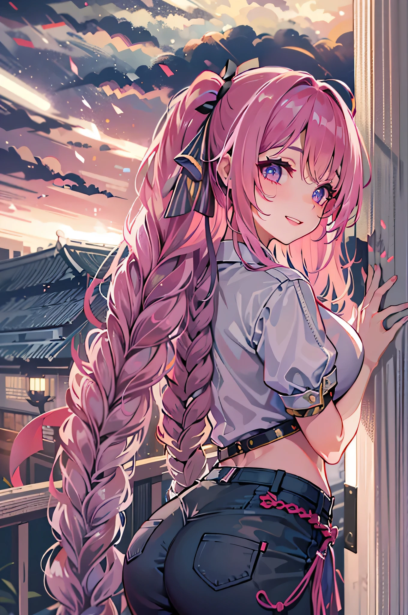 Anime girl with long pink hair leaning against a wall - SeaArt AI