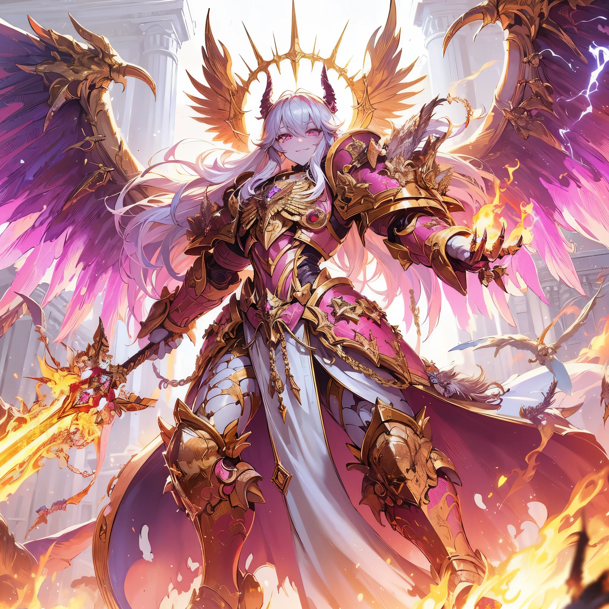 Masterpiece, best quality, ultra-detailed, anime style, full body of Chaos Demon girl, Gorgeous power armor, with golden sword and golden spear,Eagle wings,pink and purple fur and kicking claws, supernatural Lightning and flame, Warhammer 40K, ((Eight-pointed star symbol)), 8k high resolution, trending art station, white background, whole body, standing on palace, winning smile
