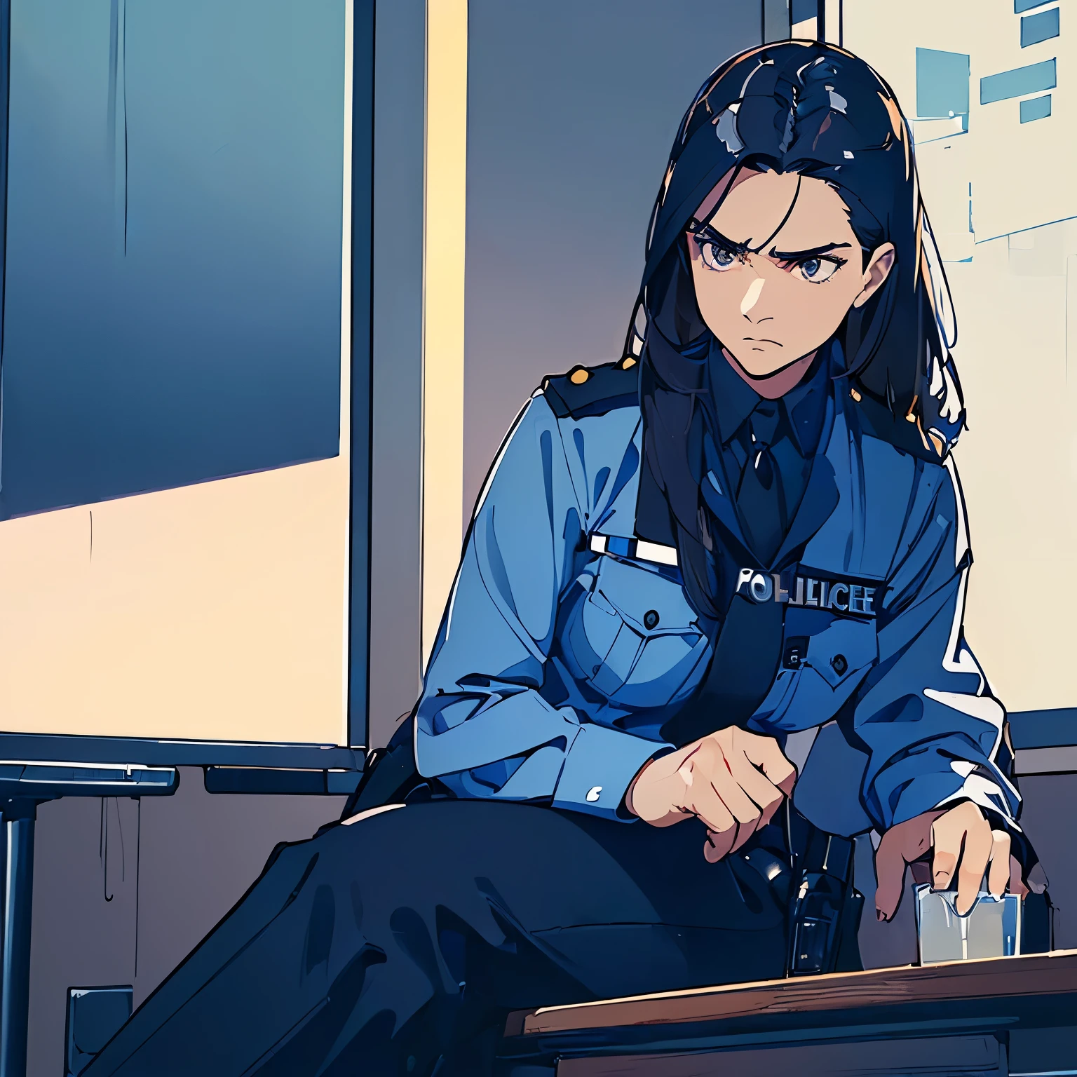 (((masterpiece))) ((( background : police station : office table ))) ((( character : 1 female : discipline : fit body : long smart hair : police officer uniform : sitting : serious )))