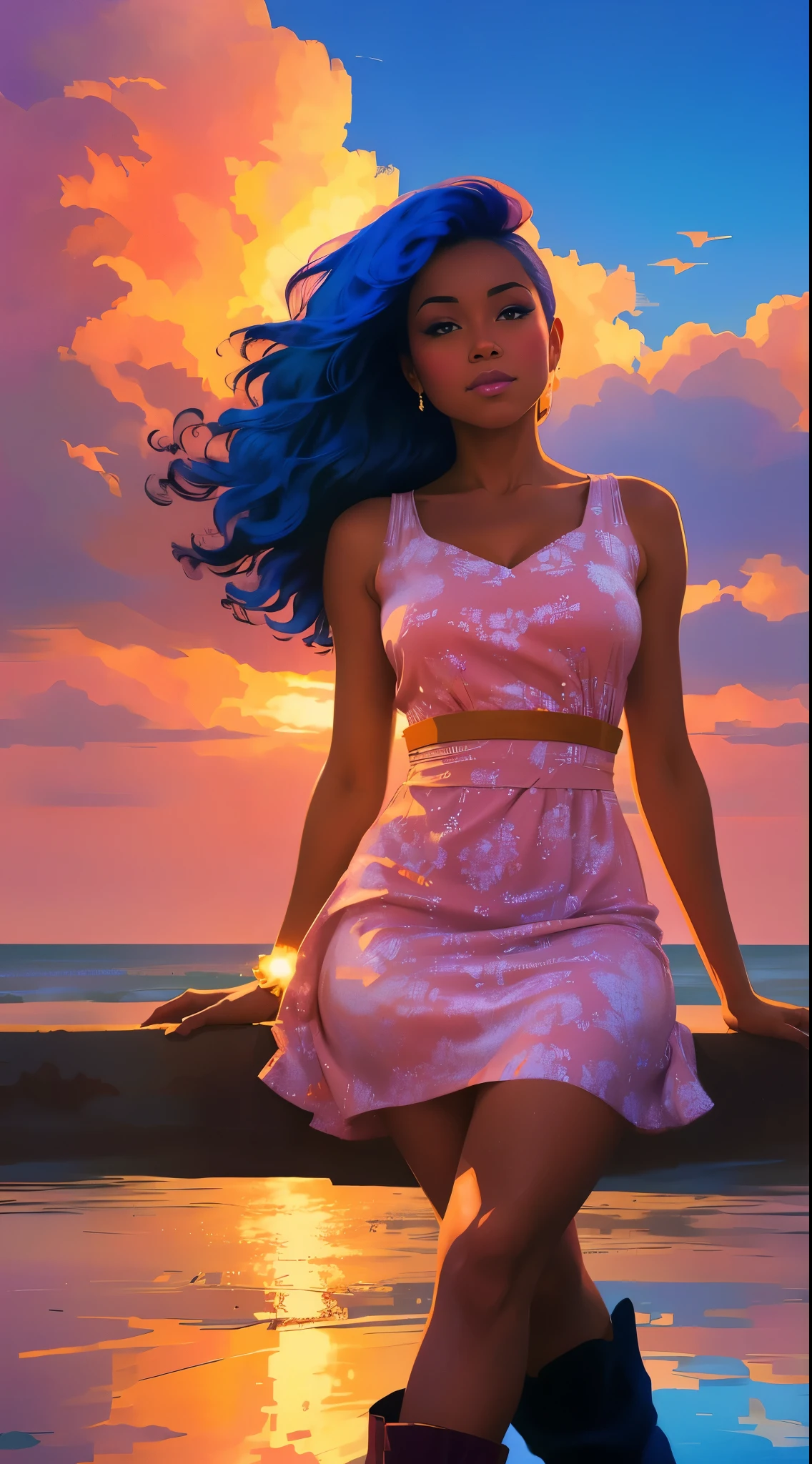 (best quality:1.1),original,1girl,chic,trendy,afro,dark skin,makeup,1970's, blue hair, brown eyes An illustration of african american woman with natural hair, in the style of ross tran, a pink dress with a cute cloud print and cute pink boots, a gorgeous woman with extremely long hair in a ponytail with bangs, sitting on a soft pink cloud chair looking at a distant magical city far beneath her, at sunset --ar 2:3 --v 6.0 pink and orange, jessica drossin, bold block prints, michael malm, bold yet graceful, bold traditional