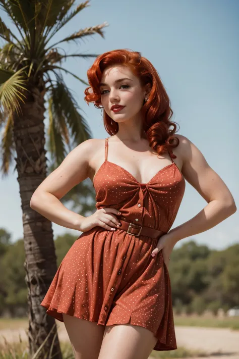 vintage pin-up girl, freckles, curly red hair