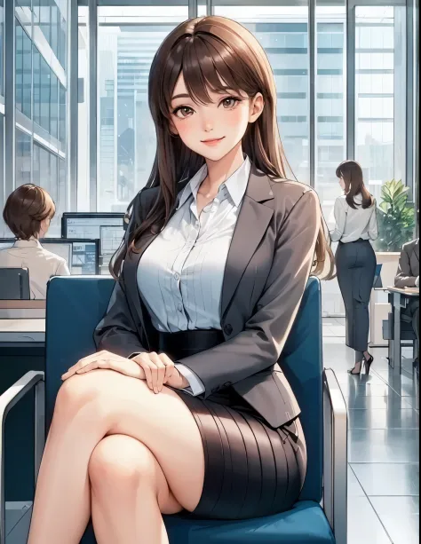 1lady sitting (crossed legs), office worker (stylish outfit), mature female, /(brown hair/) bangs, blush kind smile, (masterpiec...