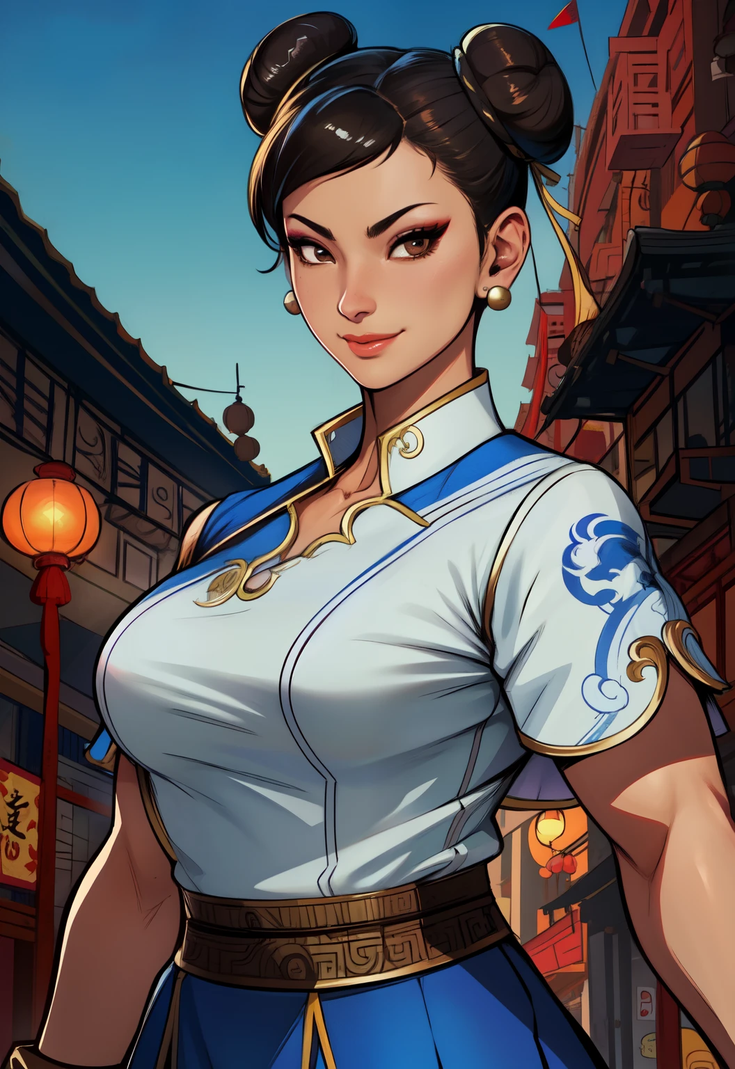 Chun-Li, coque duplo,  Cabelo preto, Olhos castanhos,  
roupas chinesas, pulseira com pontas, capa de pão, Brincos , 
de pé, tronco,  sorriso,  faixa, 
Chinatown,  Delegacia de polícia,  Manhã, 
(Insanamente detalhado, Lindo rosto detalhado, lindos olhos detalhados, obra de arte, melhor qualidade),Sozinho, 