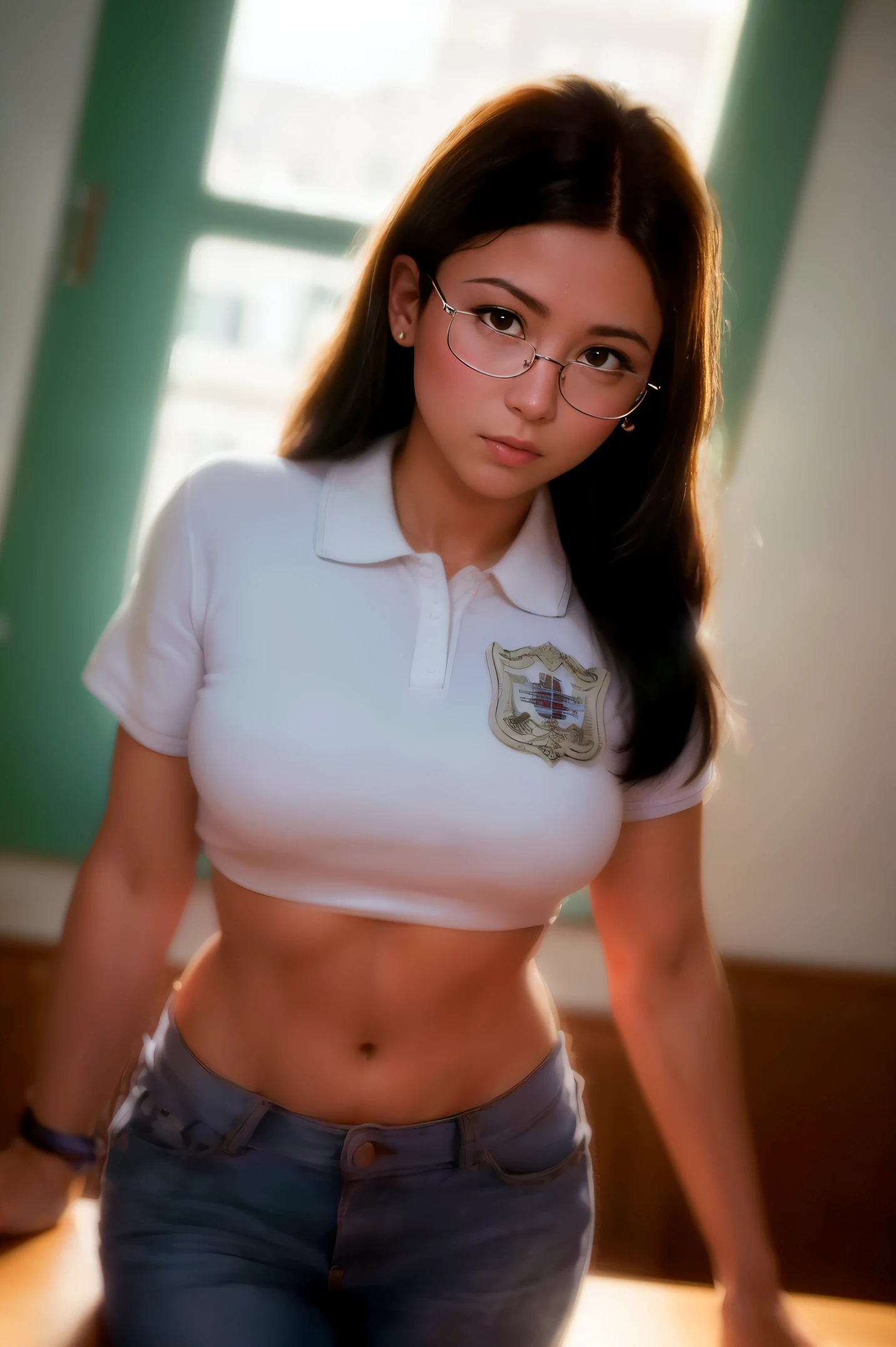 25 year old female(glasses eyes), milf, ((in classroom background)), ((schoolar uniform)), raw-photo, (photorealisitic:1.37, realisitic), highly detailed 8K unified CG wallpapers, 1 girl, ((perfectbody:1.1)), (medium breasts:1.2) , gazing at viewer, (((straight from front))), (HQ Skin:1.2, shining skin), 8k Ultra HD, dslr, soft lighting, high qualiy, Film grain, Fujifilm XT3, ((whole body:0.8)), (professional lighting:1.4) ,
