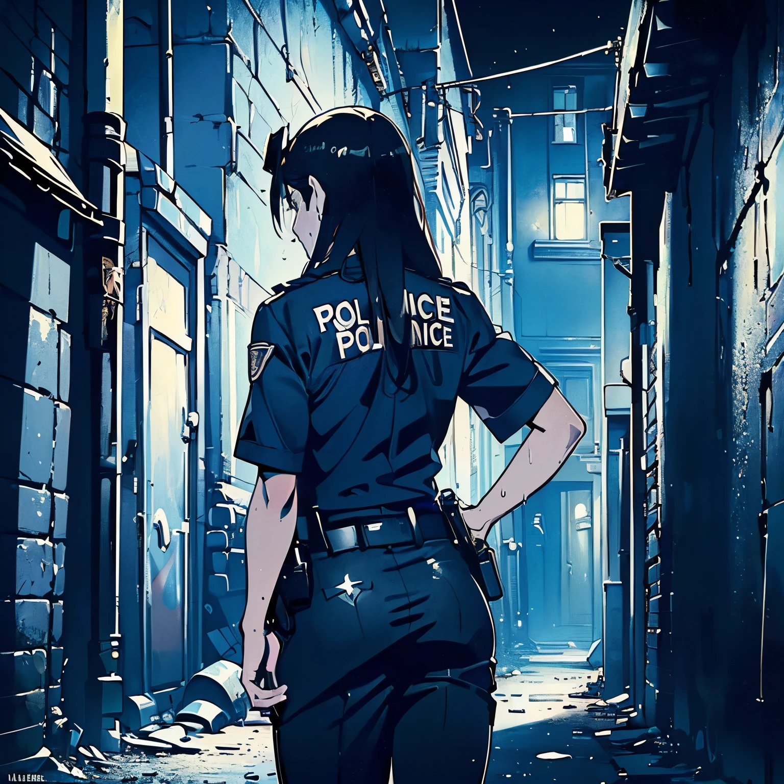 (((Obra de arte))) ((( Fundo : Horror : beco : noite : sozinho ))) ((( personagem : 1 mulher : : corpo em forma : cabelo longo e inteligente : uniforme de policial : perseguindo : Sério : Suando )))