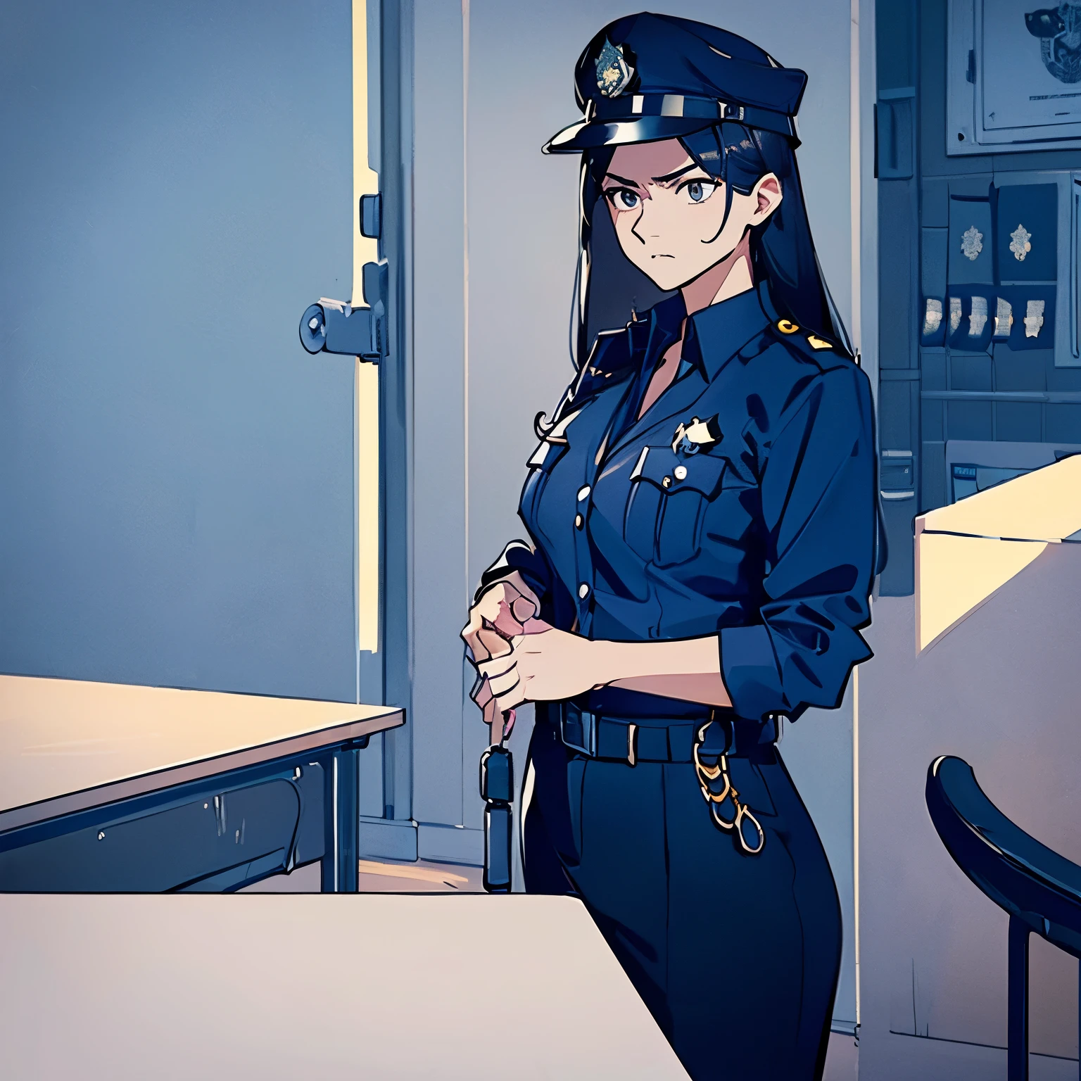 (((masterpiece))) ((( background : police station : office table ))) ((( character : 1 female : discipline : fit body : long smart hair : police officer uniform : standing : serious )))