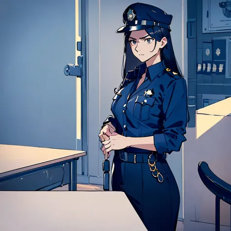 (((masterpiece))) ((( background : police station : office table ))) ((( character : 1 female : discipline : fit body : long sma...