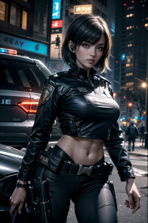 Highest image quality，Outstanding details，超高分辨率，one-girl，mechs，She wears a sexy police uniform ，Holding a gun in ha, Robust body...