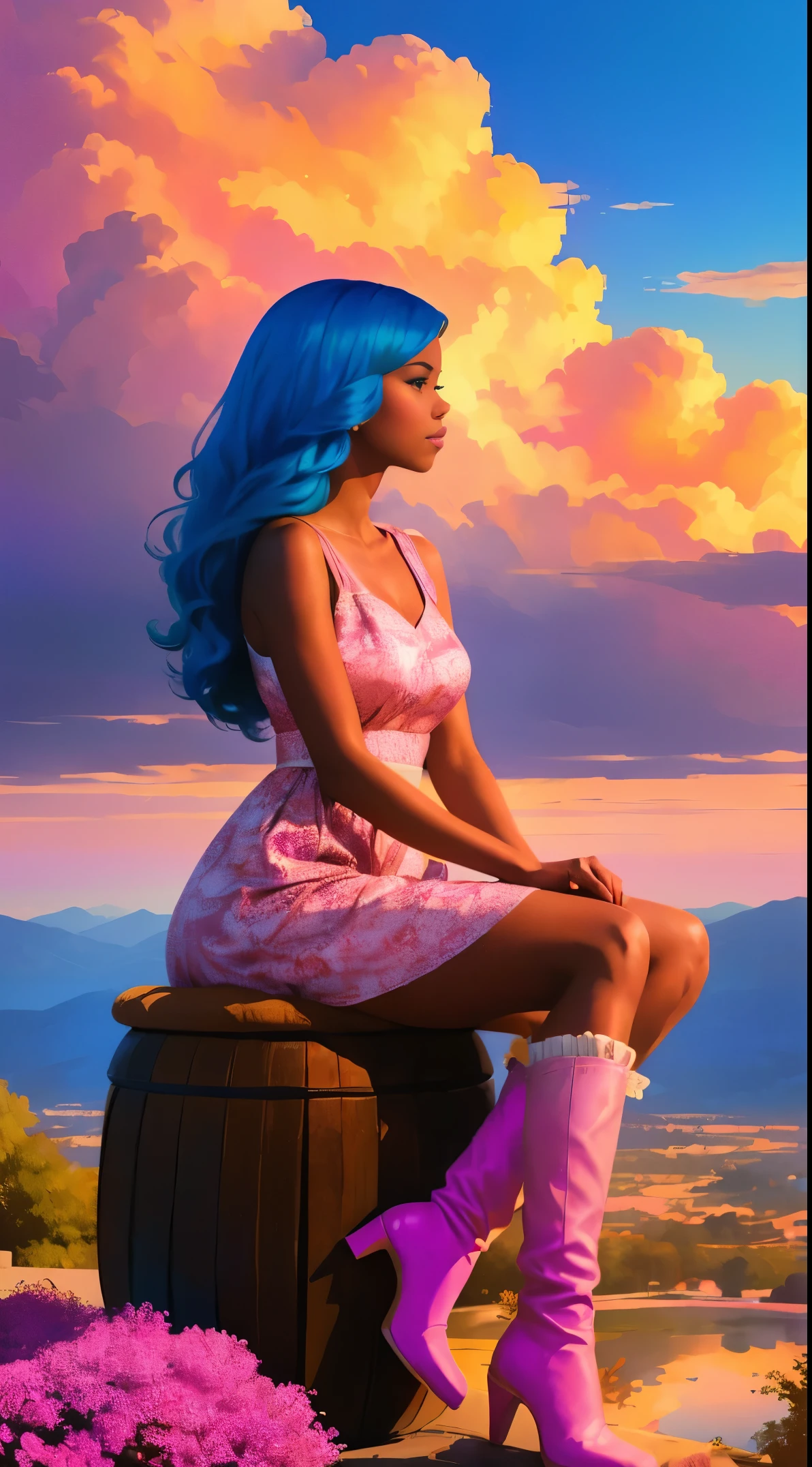 (melhor qualidade:1.1),original,1 garota,Chique,tendências,afro,Pele escura,Inventar,1970's, cabelo azul, Olhos castanhos,  Uma ilustração de fantasia de uma mulher afro-americana com cabelo natural em uma nuvem rosa, no estilo de Ross Tran, um vestido rosa com uma linda estampa de nuvens e lindas botas rosa, uma mulher linda com cabelos extremamente longos presos em um rabo de cavalo com franja, sentado em uma cadeira de nuvem rosa suave olhando para uma cidade mágica distante bem abaixo dela, ao pôr do sol --ar 2:3 --v 6.0 rosa e laranja, Jéssica Drossin, estampas em negrito, Michael Malm, ousado, mas gracioso, ousado tradicional