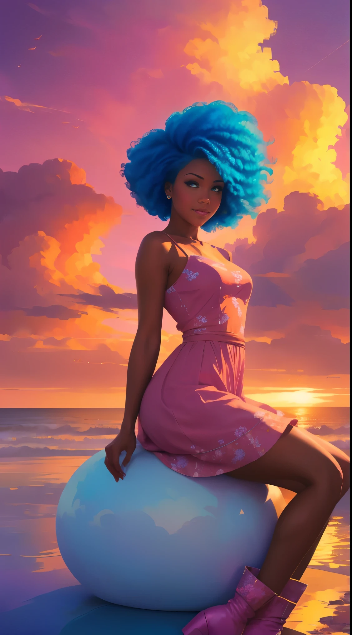 (melhor qualidade:1.1),original,1 garota,Chique,tendências,afro,Pele escura,Inventar,1970's, cabelo azul, Olhos castanhos,  Uma ilustração de fantasia de uma mulher afro-americana com cabelo natural em uma nuvem rosa, no estilo de Ross Tran, um vestido rosa com uma linda estampa de nuvens e lindas botas rosa, uma mulher linda com cabelos extremamente longos presos em um rabo de cavalo com franja, sentado em uma cadeira de nuvem rosa suave olhando para uma cidade mágica distante bem abaixo dela, ao pôr do sol --ar 2:3 --v 6.0 rosa e laranja, Jéssica Drossin, estampas em negrito, Michael Malm, ousado, mas gracioso, ousado tradicional