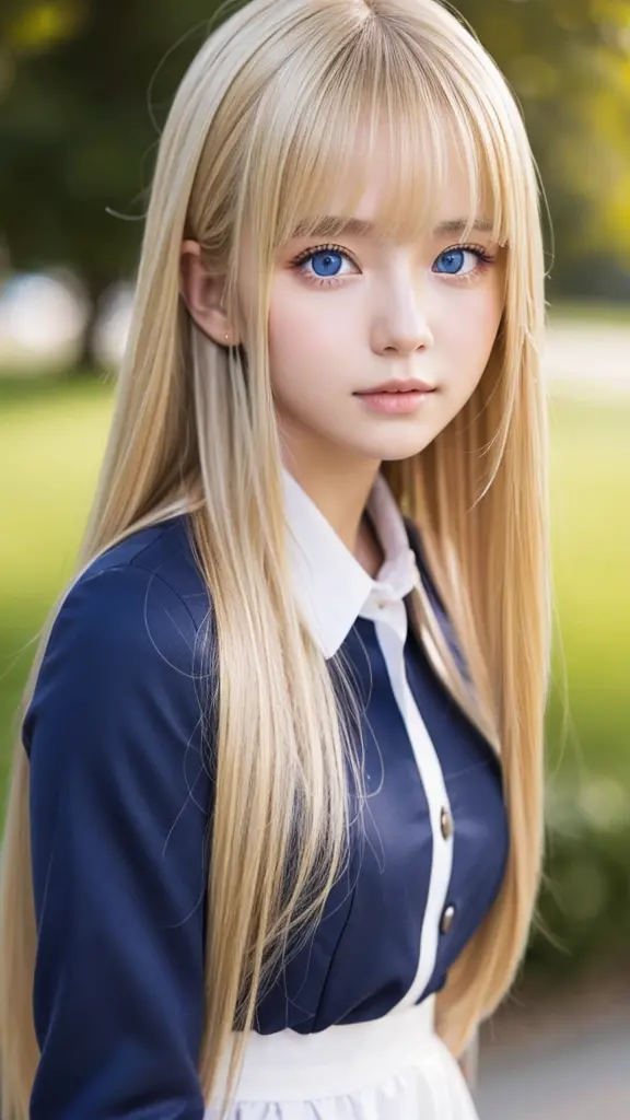 Sexy and adorable teenage girl in uniform、super long beautiful blonde hair、Beautiful long bangs、Very beautiful cute face、cute be...
