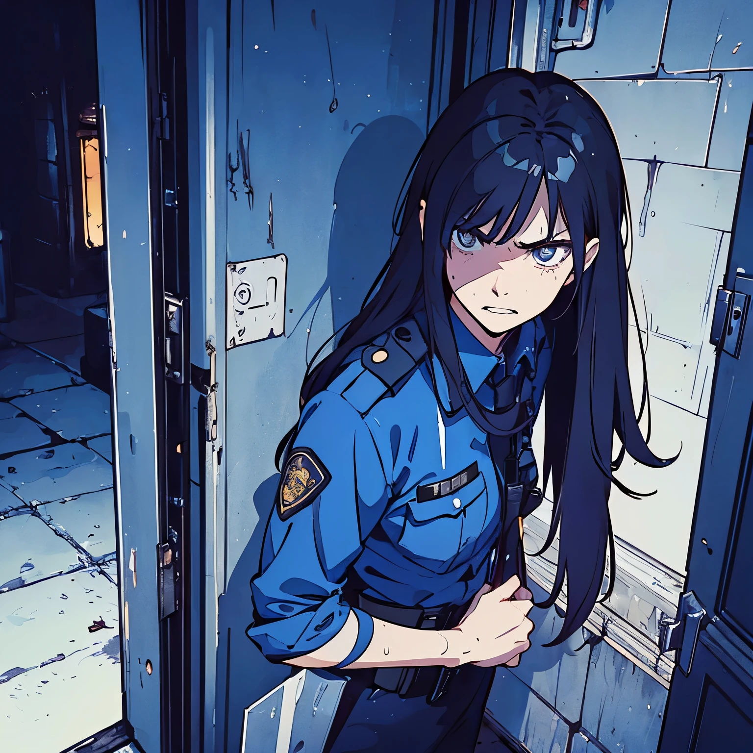 (((masterpiece))) ((( background : horror : backalley : night : alone ))) ((( character : 1 female : : fit body : long smart hair : police officer uniform : getting cornered : defeated : looking at viewer : angry : scared : sweating )))