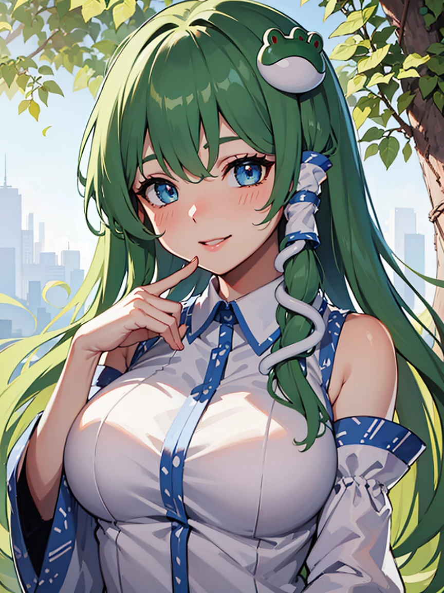 kochiya_sanae_touhou, green_hair, long_hair, hair_ornament, frog_hair_ornament, snake_hair_ornament, hair_tubes, blush, bangs, breasts, smile, green_eyes, blue_eyes
BREAK 
(nose blush), smile
BREAK
Masterpiece, best quality, high resolution, 8K, official art, super resolution, extremely detailed and beautiful, extremely detailed, amazing and detailed, highly detailed beautiful girl, highly detailed face, highly detailed eyes, highly detailed skin, highly detailed fingers, highly detailed nose, very detailed mouth, perfect anatomy
BREAK
shrine, forest in the shrine, extremely detailed CG unity 16k, very fine 16KCG wallpapers