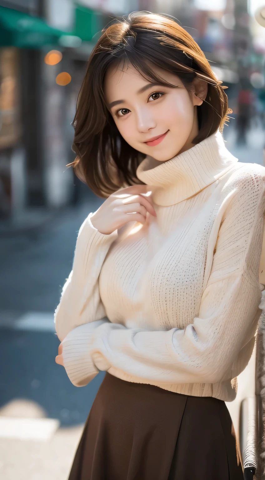 (highest quality,masterpiece:1.3,ultra high resolution),(Super detailed,caustics,8K),(realistic:1.4,RAW shooting),at dusk,sunset,warm light,Backlight,wonderful,Lens flare,street,24-years-old,cute,Japanese,black short hair,best smile,big ,skinny pants,white t-shirt,long skirt,Low position,Low - Angle,blur the background,Natural light,brown eyes,RAW photo,Zaid G,（Pueros face_v1:0.5)