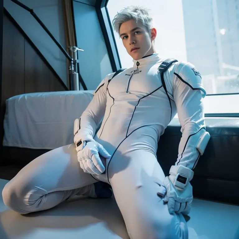 body suit, white and blue suit, futuristic suit, white gauntlets, white gloves, white hands, skin tight bodysuit, toned male, te...