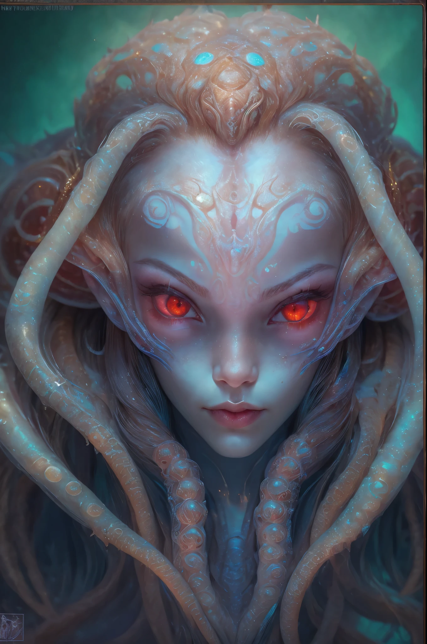 Portrait, (beautiful female alien:1.2),  (she has red eyes with no pupils:1.8), (Translucent skin:1.7),  (There is a female genital-like organ in the middle of the forehead:1.9), (The most beautiful face in the history of the universe:1.2),an evil gaze that seduces, (large mouth:1.1), (sharp teeth like a vampire:1.2), Full body portrait, (bio luminescent:1.5), (Smile wickedly:1.3),  (sexypose:1.5), alien, No humans, cells are fused, (Lots of translucent tentacles:1.3) extraterrestrial, cell, bio image, best quality, 8K,In 4K_quality, High freshness, Dramatic Lighting, masutepiece:1.5,cinematic quality, detail up, (exquisite details:1.2), high resolution, High freshness, drawing faithfully, (Thick eyebrows:1.2), Beautiful eyes with fine symmetry,(Highly detailed face and eyes:1.2), Intimate face, (Super detailed skin quality feeling:1.4), perfect anatomy,  (Beautiful toned body:1.5),  (Moist skin:1.2), not wearing makeup, (dark circles:1.1), long canines, cinematic drawing of characters, ultra high quality model, cinematic quality, detail up, (exquisite details:1.2), high resolution, High freshness, drawing faithfully, official art, Unity 8K Wall  , 8K Portrait, best quality, Very high resolution, ultra detailed artistic photography, midnight aura,  unreal engine 5, Ultra Sharp Focus, art by alberto seveso, ArtGerm, Roisch, intricate artwork, best quality, masterpiece, ultra high resolution, (photos realistic:1.4), ultra realistic realism, dream-like, nautilus, Creation of fantasy, Snail, Dream Snail, (biopunk nautilus:1.3),Thrilling color schemes, ultra realistic realism, seductively smiling, Blue tentacles,