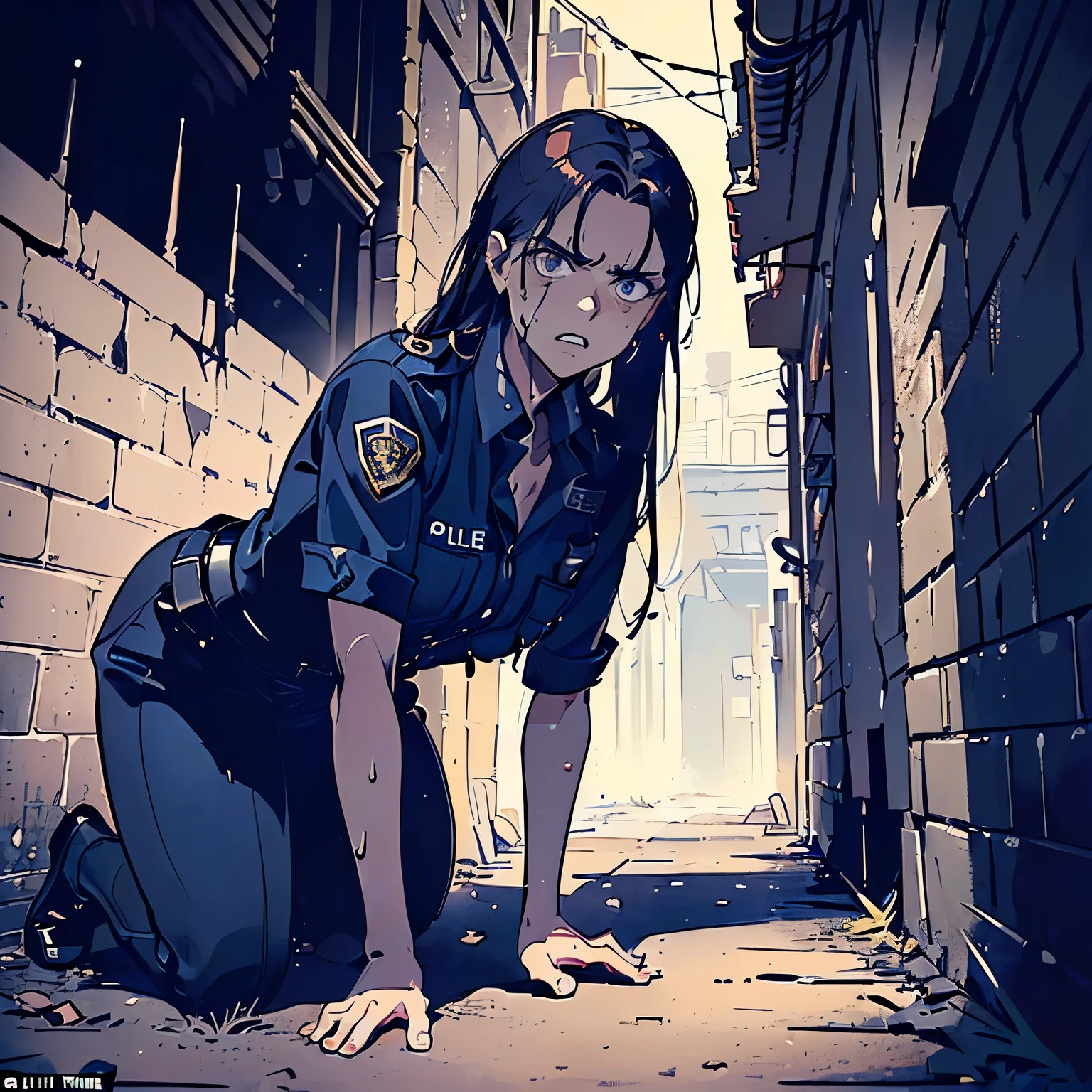 (((masterpiece))) ((( background : horror : end of alleyway : night : alone ))) ((( character : 1 female : : fit body : long smart hair : police officer uniform : cornered : defeated : on the ground : looking at viewer : angry : scared : sweating )))