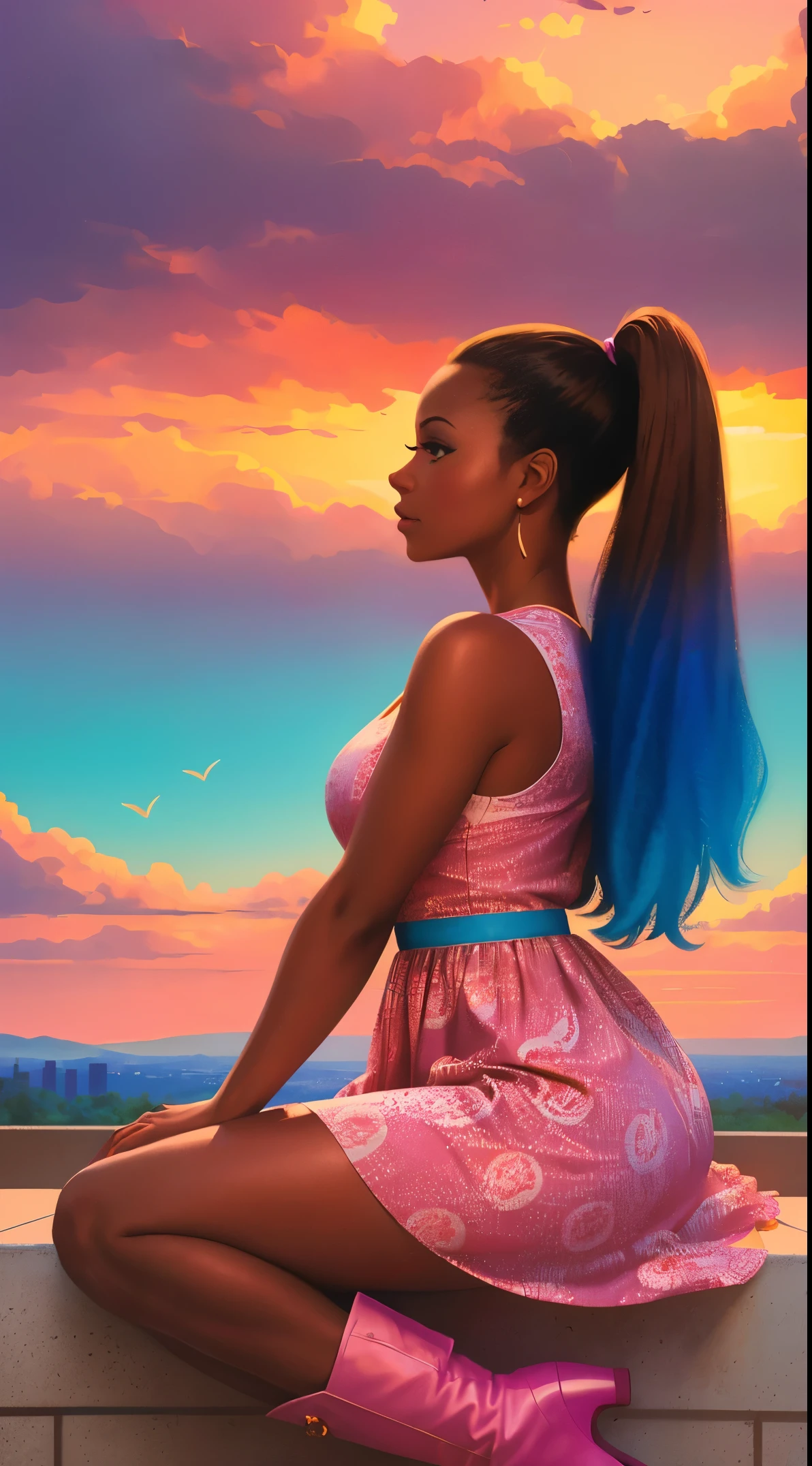 (best quality:1.1),original,1girl,chic,trendy,afro,dark skin,makeup,1970's, blue hair, brown eyes An illustration of african american woman with natural hair, in the style of ross tran, a pink dress with a cute cloud print and cute pink boots, a gorgeous woman with extremely long hair in a ponytail with bangs, sitting on a soft pink cloud looking at a distant magical city far beneath her, at sunset --ar 2:3 --v 6.0 pink and orange, jessica drossin, bold block prints, michael malm, bold yet graceful, bold traditional