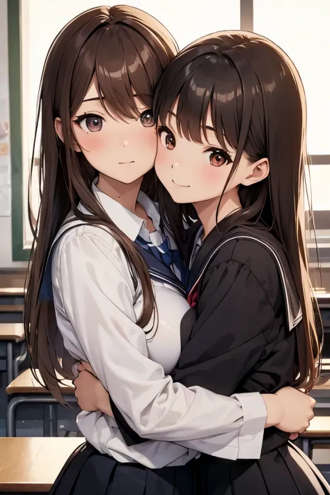 high quality、anime、whole body、Japanese、two girls、cute、brown hair、big breasts、slender、Big eyes、small nose、school uniform、classroom、lesbian couple、hug each other、