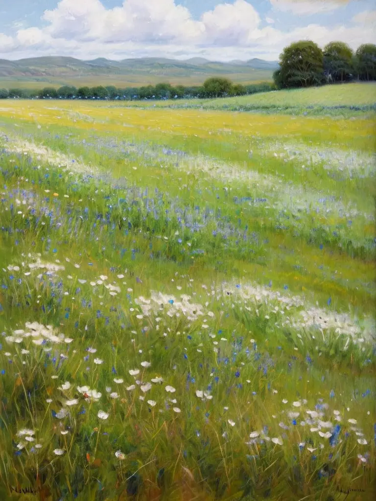 A landscape showing a flowery meadow and a big part of blue sky with beautiful white clouds. The light is not warm, oil painting...