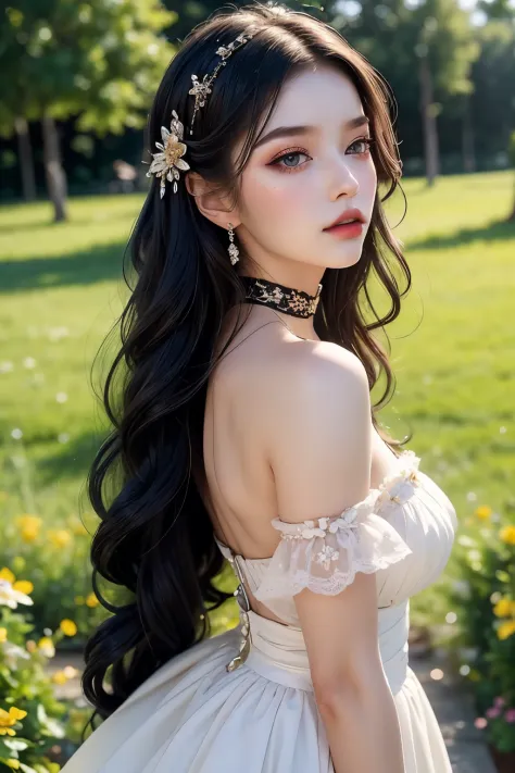 (masterpiece:1.2), (best quality:1.2), perfect eyes, perfect face, perfect lighting, 1 girl, Mature female gothgal standing with hands in front, long hair, complex hairstyle, cosmetic, Black lips, thick eyelashes, sad, melancholy, Wearing Gothic costumes, ...
