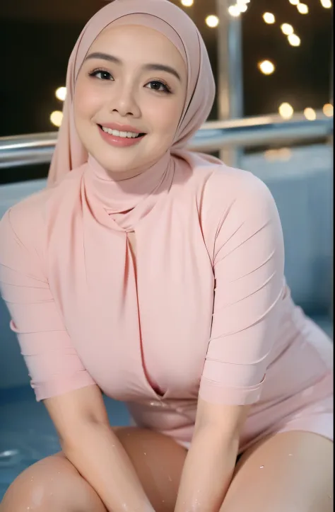 (k, RAW photo, masterpiecel1.4, realistic, photo-realistic, HD quality, 1 beautiful malay girl, ((bokeh background)), ((knee down)), photo of a women girl with pink hijab, (lighting), ((medium-breasted), ((seductive poses)), ((medium chubby body)), ((wet b...