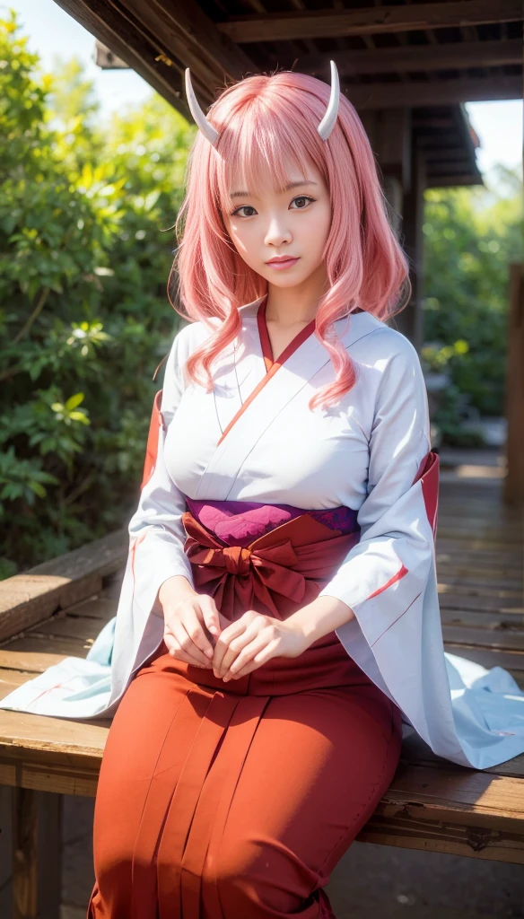 photorealistic, (4k), depth of field, (Masterpiece), (realistic skin texture),1 girl,shuna, extremely detailed, intricate, hyper detailed, professional photography, bokeh, high resolution, sharp detail, best quality, girl, red and white kimono, long hair, pink hair, pink eyes, horns, relaxing ,