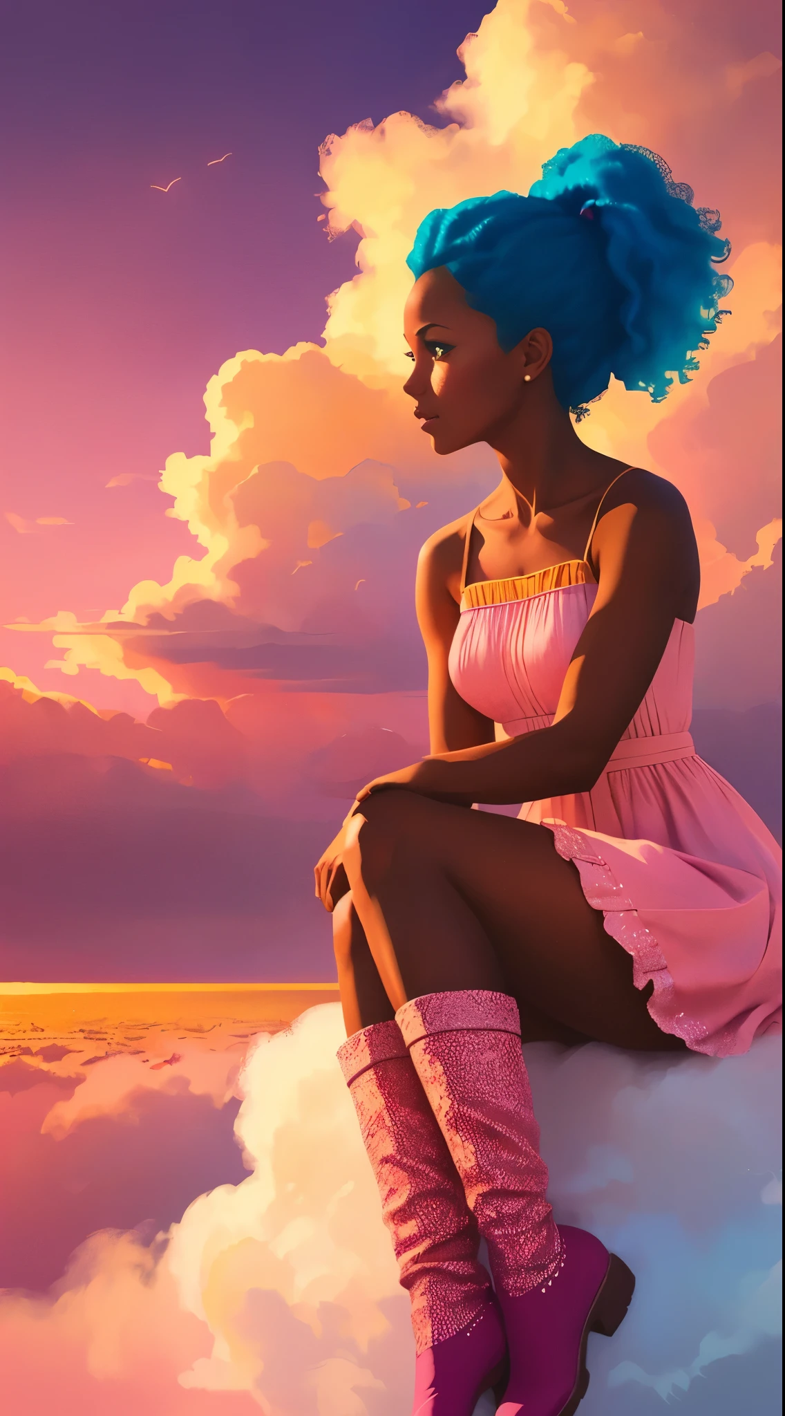 (best quality:1.1),original,1girl,chic,trendy,afro,dark skin,makeup,1970's, blue hair, brown eyes An illustration of african american woman with natural hair, in the style of ross tran, a pink dress with a cute cloud print and cute pink boots, a gorgeous woman with extremely long hair in a ponytail with bangs, sitting on a soft pink cloud looking at a distant magical city far beneath her, at sunset --ar 2:3 --v 6.0 pink and orange, jessica drossin, bold block prints, michael malm, bold yet graceful, bold traditional