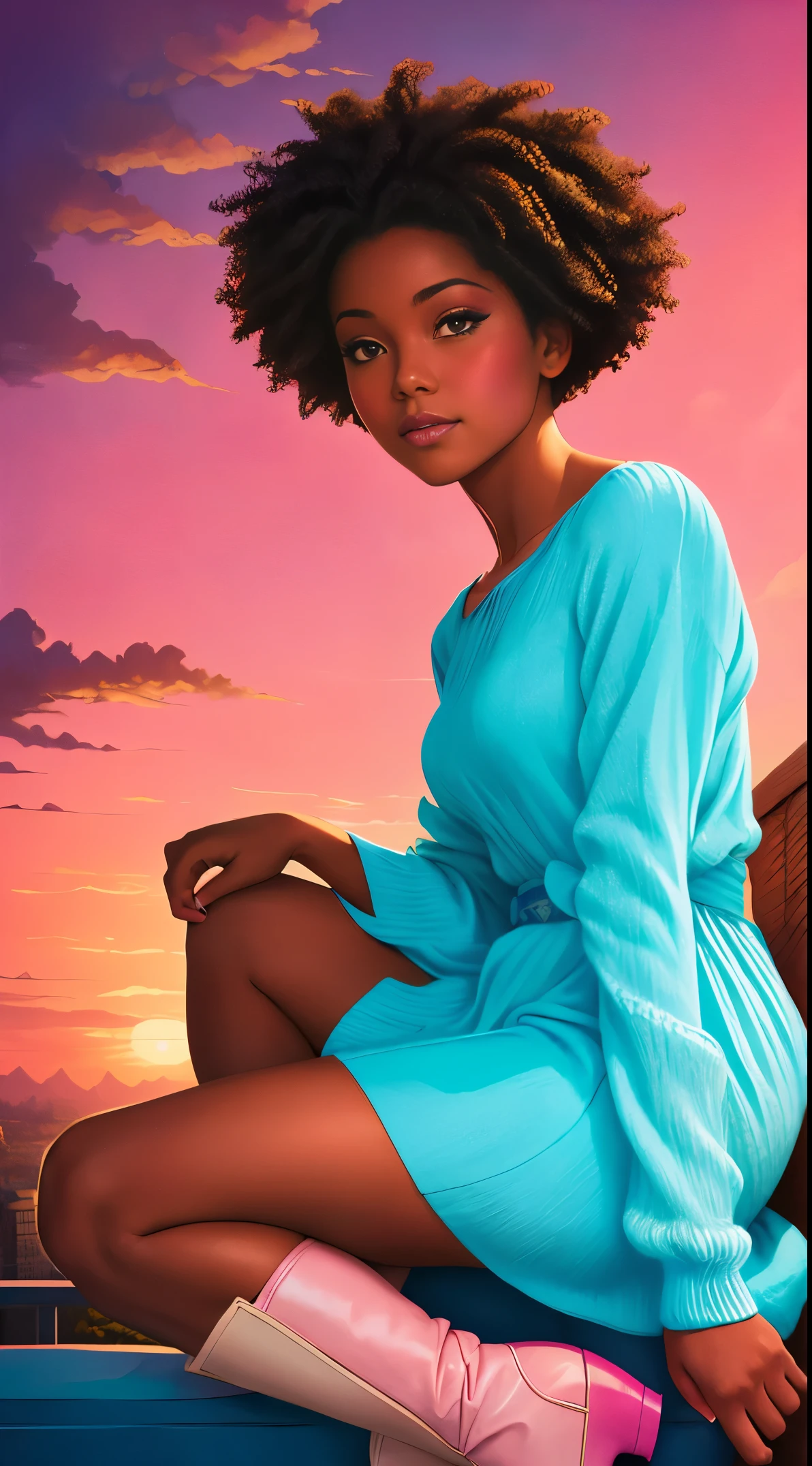 (best quality:1.1),original,1girl,chic,trendy,afro,dark skin,makeup,1970's, blue hair, brown eyes,  A fantasy illustration of african american woman with natural hair on a pink clouds, in the style of ross tran, a pink dress with a cute cloud print and cute pink boots, a gorgeous woman with extremely long hair in a ponytail with bangs, sitting on a soft pink clouds looking at a magical city far beneath her, at sunset --ar 2:3 --v 6.0 pink and orange, jessica drossin, bold block prints, michael malm, bold yet graceful, bold traditional