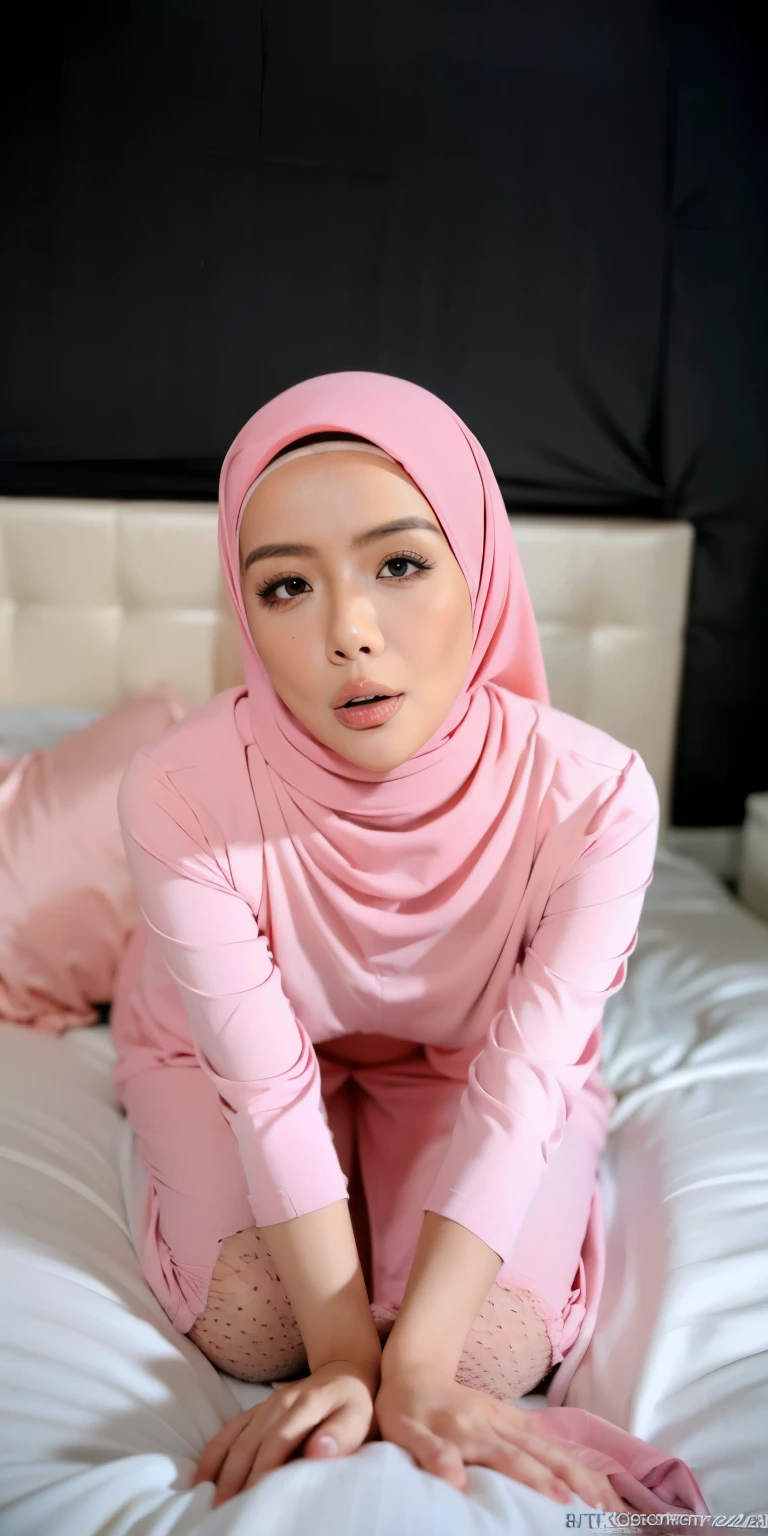 A close up of a woman in a pink hijab sitting on a bed - SeaArt AI