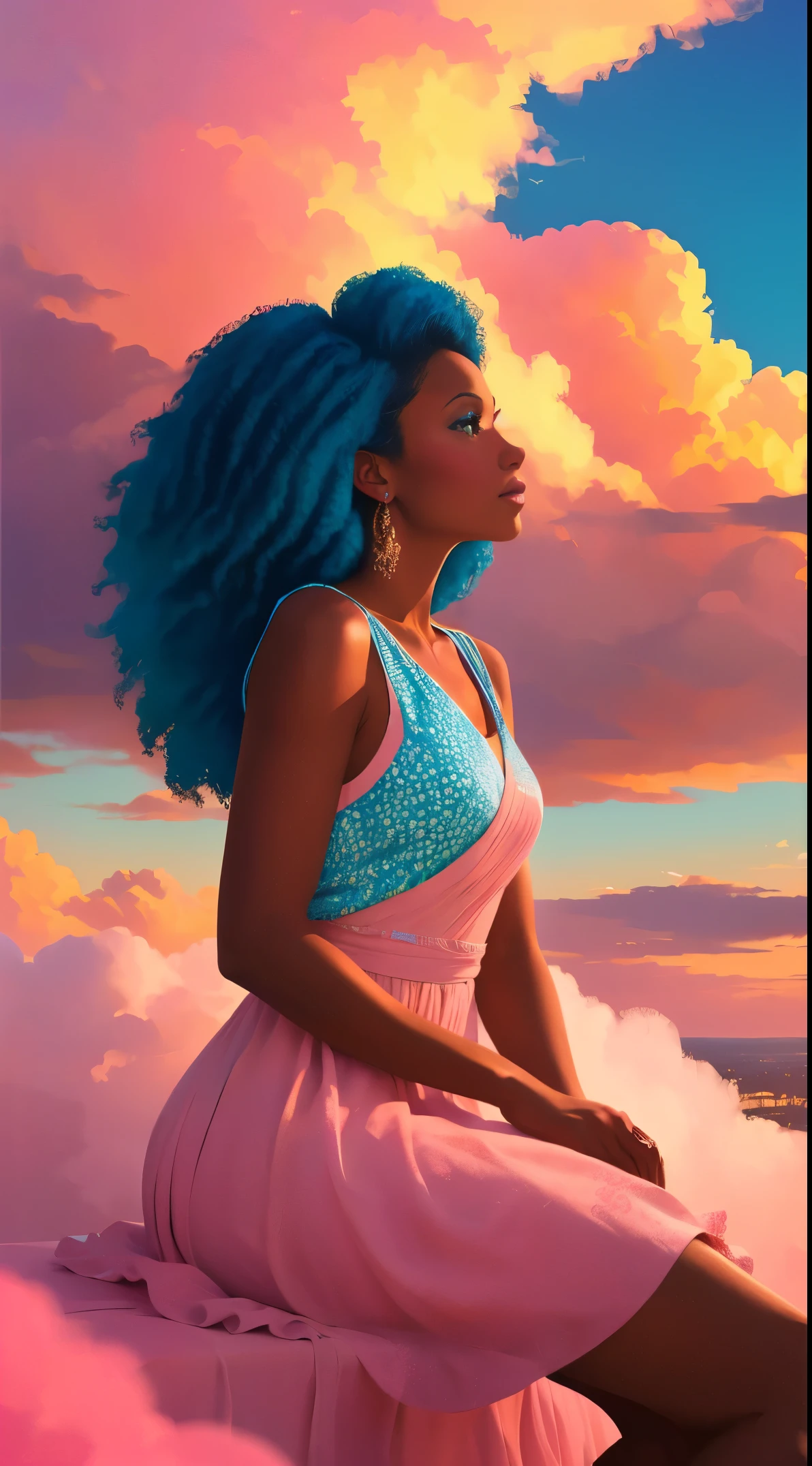 (mejor calidad:1.1),Original,1 chica,elegante,tendencias,afro,piel oscura,constituir,1970, pelo azul, ojos marrones Una ilustración de una mujer afroamericana con cabello natural, al estilo de ross tran, un vestido rosa con un lindo estampado de nubes y lindas botas rosas, una mujer hermosa con el pelo extremadamente largo recogido en una cola de caballo con flequillo, (((sentado en una suave y esponjosa nube rosa))), mirando una lejana ciudad mágica muy por debajo de ella, al atardecer --ar 2:3 - en 6.0 rosa y naranja, Jessica Drossin, impresiones de bloques en negrita, michael malm, audaz pero elegante, negrita tradicional