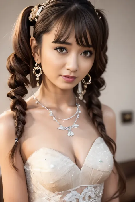 1 girl, jewelry,woman,small breasts, ((Organza Lace Dress)),earrings, (cleavage:0.4), looking at the viewer, necklace, realistic...