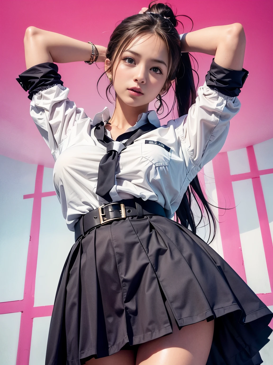 realistic, High resolution, soft light,1 female, alone, hip up, (detailed face),tattoo, jewelry, Current School Classrooms，On the podium，wear a uniform、（Black flared skirt），the biggest，chest is low, long hair、((ponytail))、((Upskirt)）、（(mix４)）、((exterior々color付きのパンティー)）、((color々colorのついた髪)）