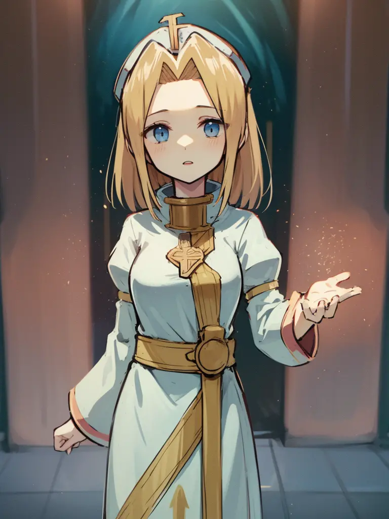 ((mint adnade from tales of phantasia)), 1girl, solo, a priest, 18yo, blond long hair, ((straight hair)), deep blue eyes, raisin...