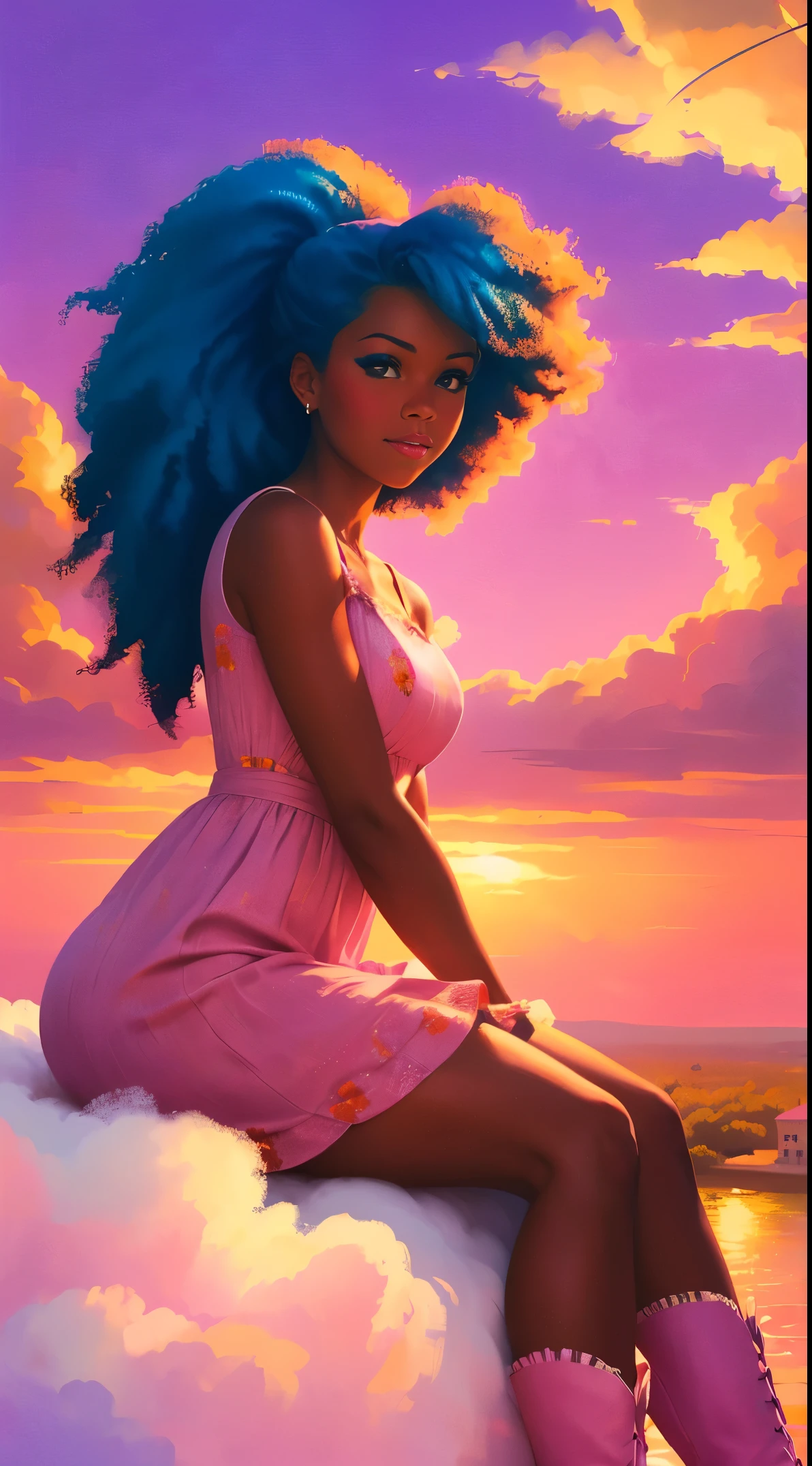 (best quality:1.1),original,1girl,chic,trendy,afro,dark skin,makeup,1970's, blue hair, brown eyes An illustration of african american woman with natural hair, in the style of ross tran, a pink dress with a cute cloud print and cute pink boots, a gorgeous woman with extremely long hair in a ponytail with bangs, (((sitting on a soft fluffy pink cloud))), looking at a distant magical city far beneath her, at sunset --ar 2:3 --v 6.0 pink and orange, jessica drossin, bold block prints, michael malm, bold yet graceful, bold traditional