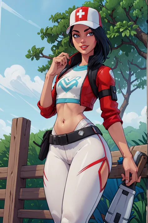 xyzremedy,1girl,standing, (solo), (cowboy shot:1.5), smiling, Happy, mouth closed, (master piece:1.3), (best quality:1), looking at viewer, highly detailed, forest,curvy,white crop top,white legging,white baseball hat,red jacket,