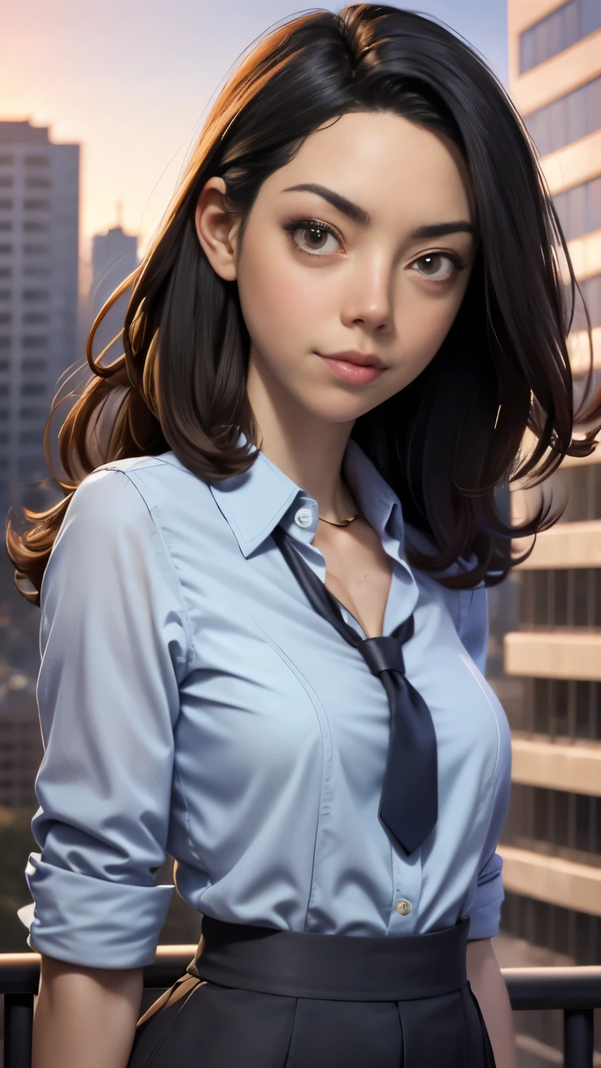 photo of Aubrey Plaza, RAW, beautiful woman, ((portrait)), ((detailed face:1.2)), ((detailed facial feature, detailed skin, clear skin), (perfect proportioned body), (wearing a shirt dress & tie) (high detailed city environment, apartment balcony), (realistic photo, best quality, detailed), (8k wallpaper), (cinematic lighting, dramatic lighting) (sharp focus, intricate)