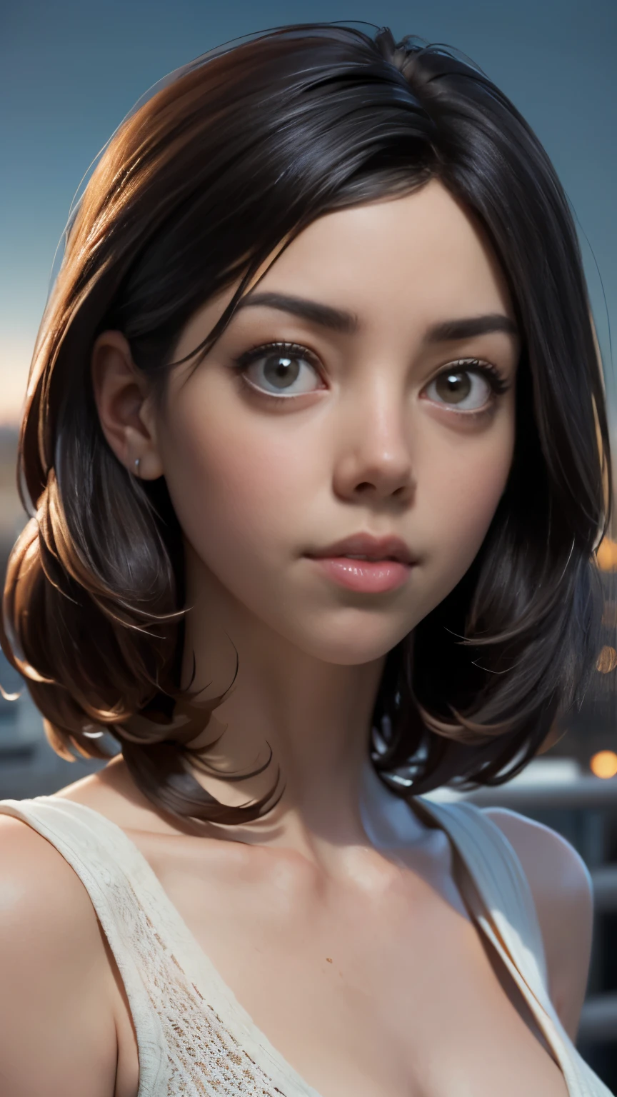 photo of Aubrey Plaza, RAW, beautiful woman, ((portrait)), ((detailed face:1.2)), ((detailed facial feature, detailed skin, clear skin), (perfect proportioned body), (wearing a wrap dress) (high detailed city environment, apartment balcony), (realistic photo, best quality, detailed), (8k wallpaper), (cinematic lighting, dramatic lighting) (sharp focus, intricate)