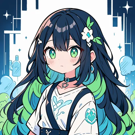 girl、cute、black hair、choker、color palette(light blue、green、white)