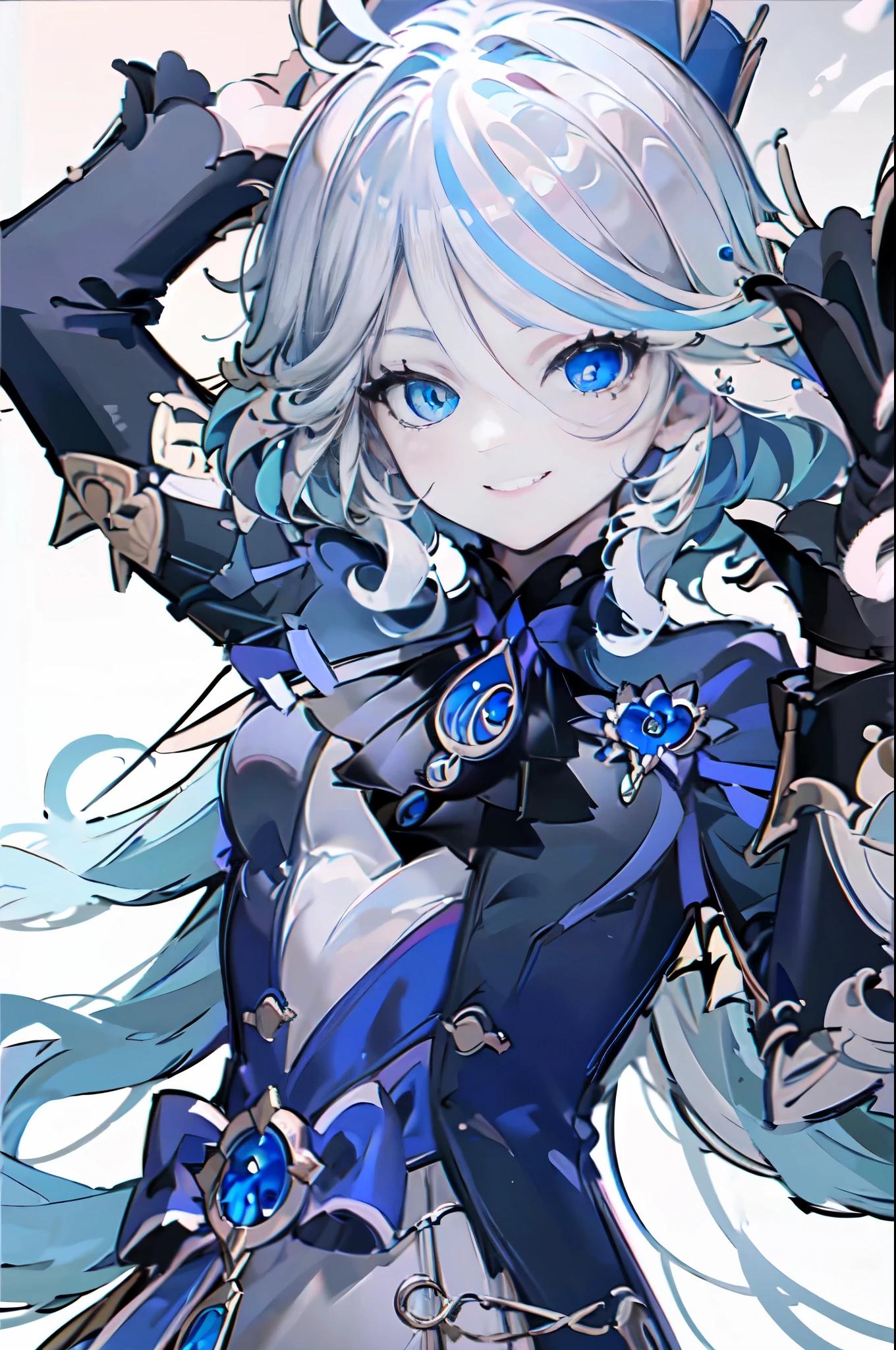 white hair, blue hair, UHD, masterpiece, ccurate, anatomically correct, textured skin, super detail, high details, high quality, best quality, highres, 16k，smiling，Right in the center，Single girl，Raise one arm high，Radiant，The background is vast【Genshin Fontaine】