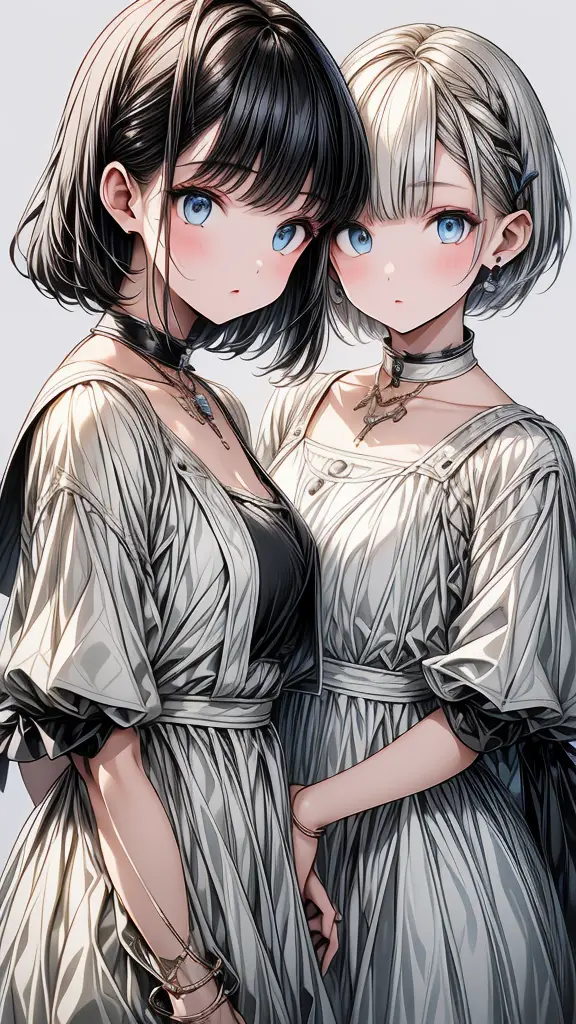 (masterpiece),{{detailed eyes}},{{2 girl}},1 girl with white bob cut hair and blue eyes,and 1 girl with pixie cut black hair and...