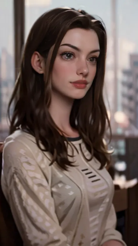 photo of Anne Hathaway, RAW, beautiful woman, ((portrait)), ((detailed face:1.2)), ((detailed facial feature, detailed skin, clear skin), (perfect proportioned body), (wearing a sheath dress) (high detailed city environment, apartment balcony), (realistic ...