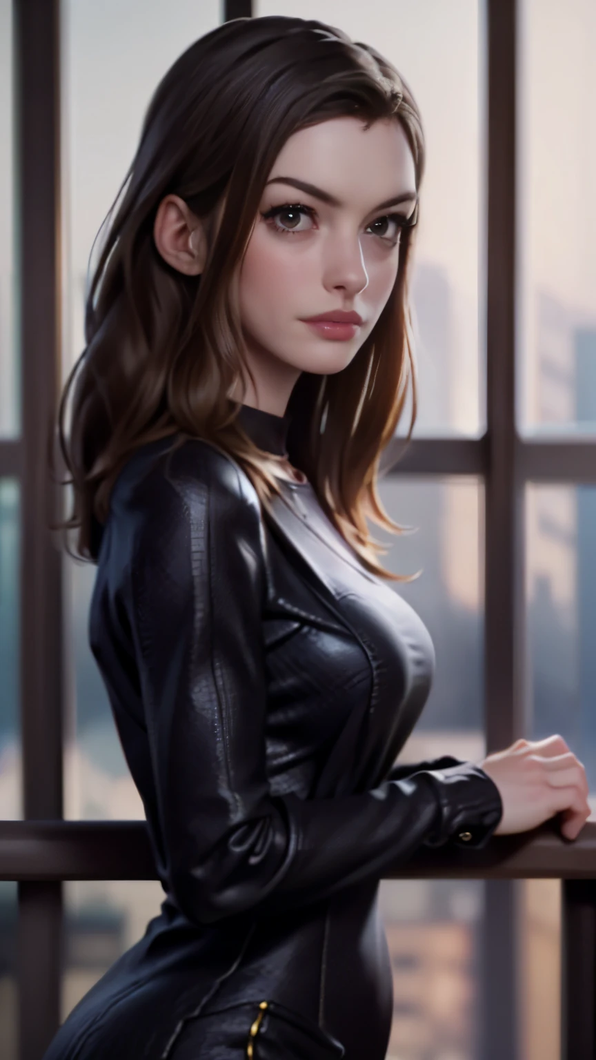 photo of Anne Hathaway, RAW, beautiful woman, ((portrait)), ((detailed face:1.2)), ((detailed facial feature, detailed skin, clear skin), (perfect proportioned body), (wearing a bodycon dress) (high detailed city environment, apartment balcony), (realistic photo, best quality, detailed), (8k wallpaper), (cinematic lighting, dramatic lighting) (sharp focus, intricate)