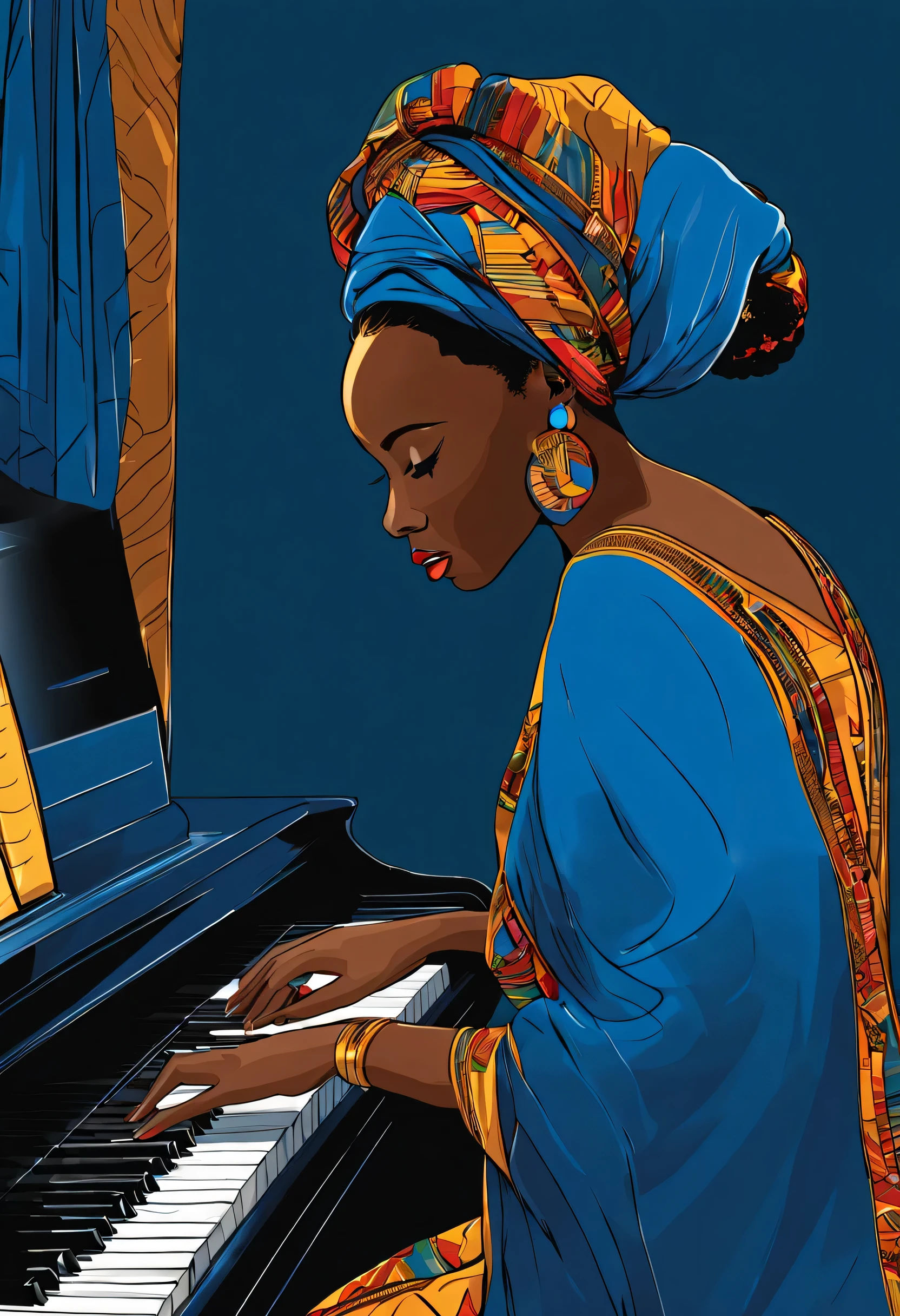 Belle femme africaine jouant du piano, joli et bleu