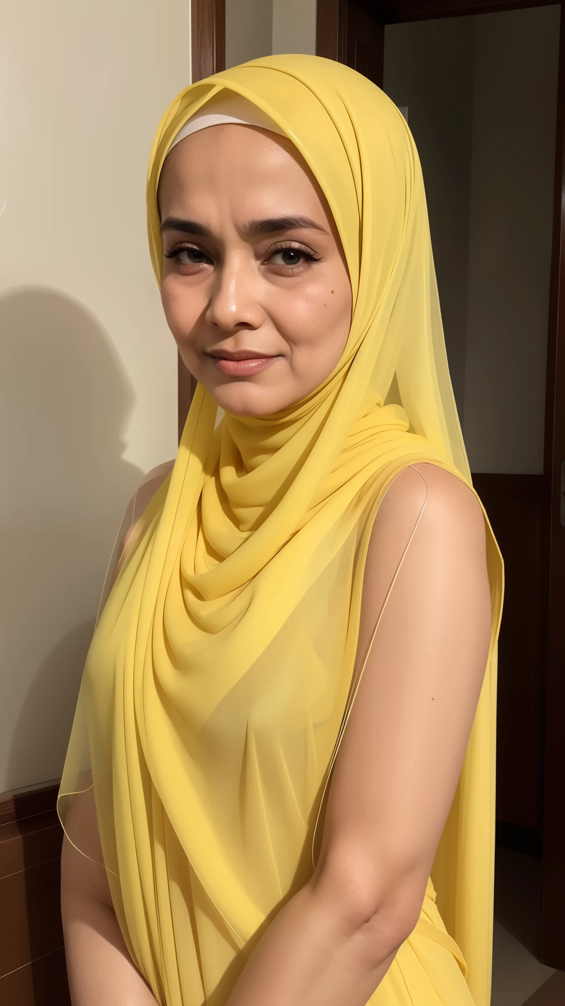 A woman in a yellow dress and a yellow scarf - SeaArt AI