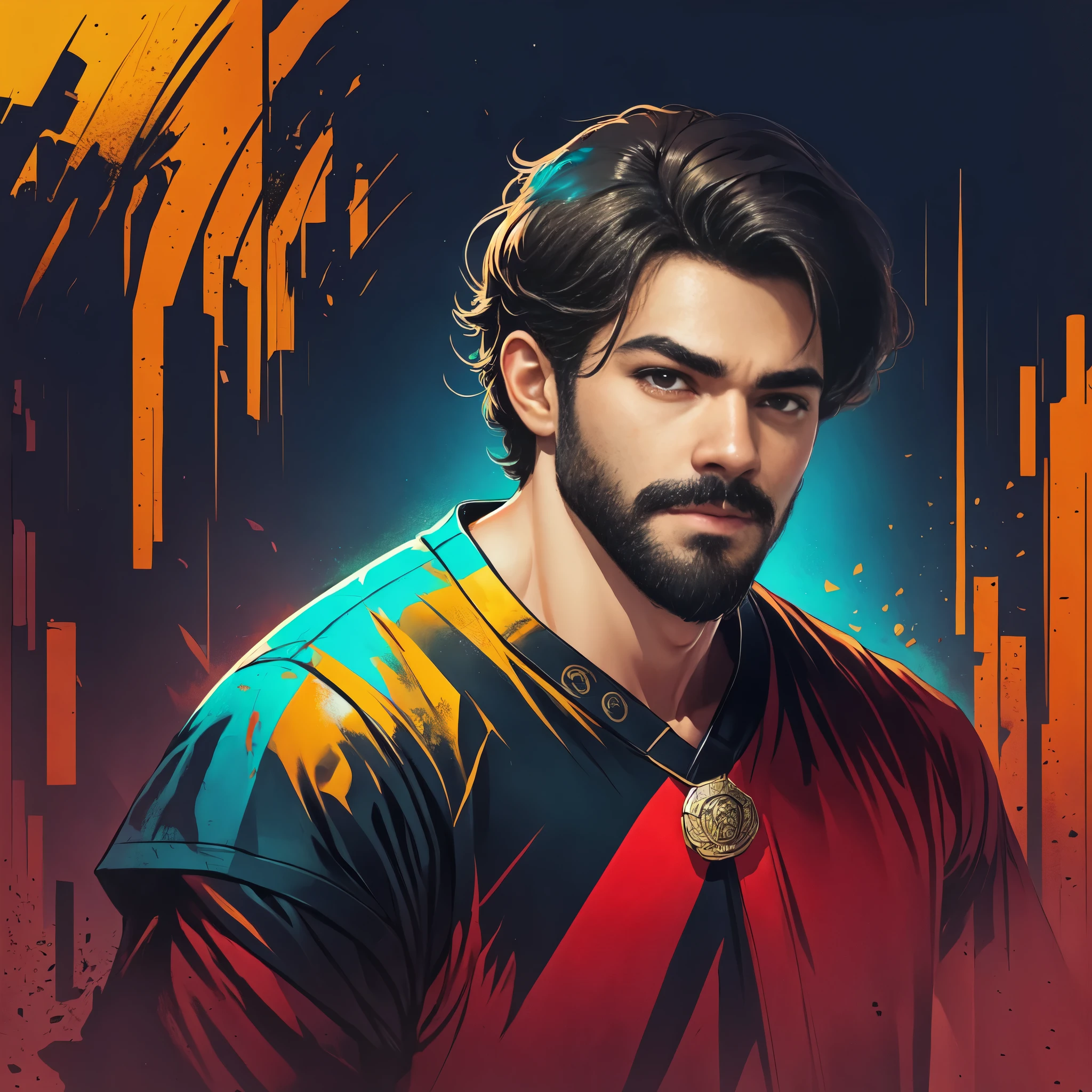 a person with short brown hair, thrown to the side(rogue) with degrade, beard and short mustache, brown eyes, wearing a Flamengo shirt
,illustration (concept art)
,ultra-detailed
,high quality
,colorful
,cartoon style
,vibrant colors
,sharp focus
,professional lighting