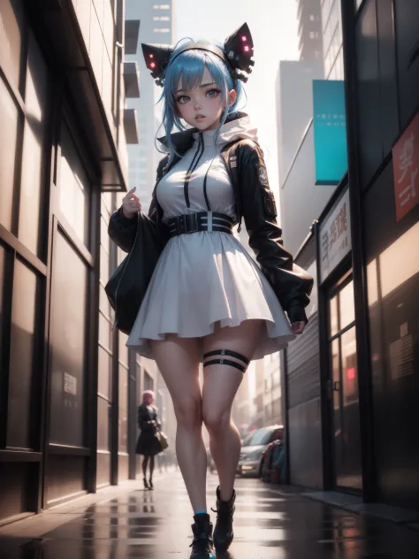 anime girl in a dress and headband standing in front of a building, digital cyberpunk anime art, digital cyberpunk - anime art, ...